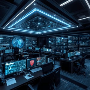 High-end managed detection and response center, realistic futuristic SOC environment, modern security operations center with multiple monitors displaying threat intelligence, cybersecurity analysts at workstations, real-time threat detection das...-2