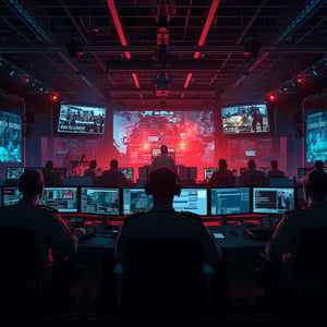 High-stakes military security operations center, U.S. military cyber defense during critical national security incident, emergency response situation, multiple large screens showing critical alerts and threat intelligence, military commanders and ana