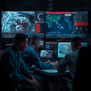 Military cyber warfare operations in action, U.S. military personnel responding to active cyber threats, tactical cyber command center during critical incident, large display screens showing network attacks and threat maps, military officers coo...-3