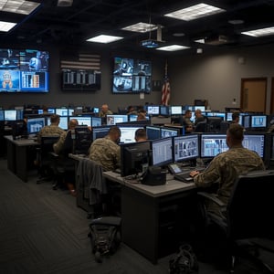 U.S. Air Force cyber security operations center, military personnel in uniform monitoring cyber threats, Air Force cybersecurity command center, tactical operations room, military-grade security monitoring, personnel in USAF uniforms at workstat...-2