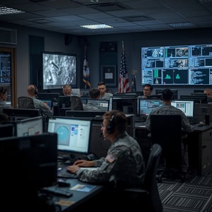 U.S. Air Force cyber security operations center, military personnel in uniform monitoring cyber threats, Air Force cybersecurity command center, tactical operations room, military-grade security monitoring, personnel in USAF uniforms at workstat...-3